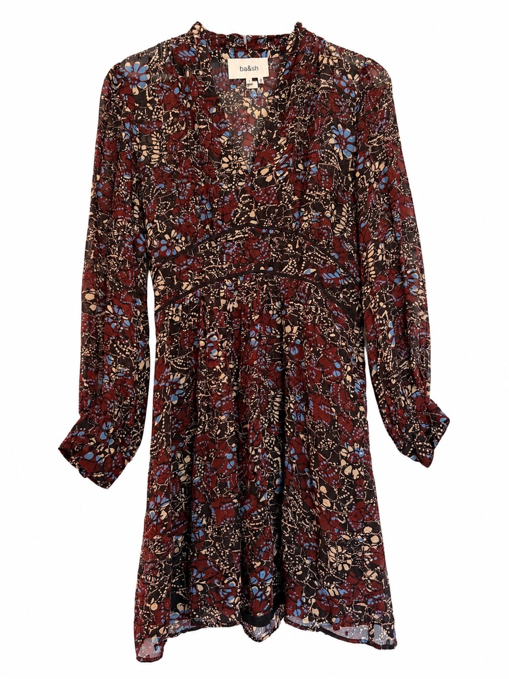 ba&sh Burgundy blue Multi Floral Long-Sleeve V-Neck boho pattern Dress designer